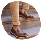 Leather Chestnut Loafer on Model Sitting on Stairs