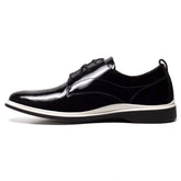 The Tux Dress Shoe by Amberjack in Onyx Black & White Patent Leather - Medial View
