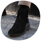 The Boot in Midnight by Amberjack - close up of shoe on model wearing tan pants